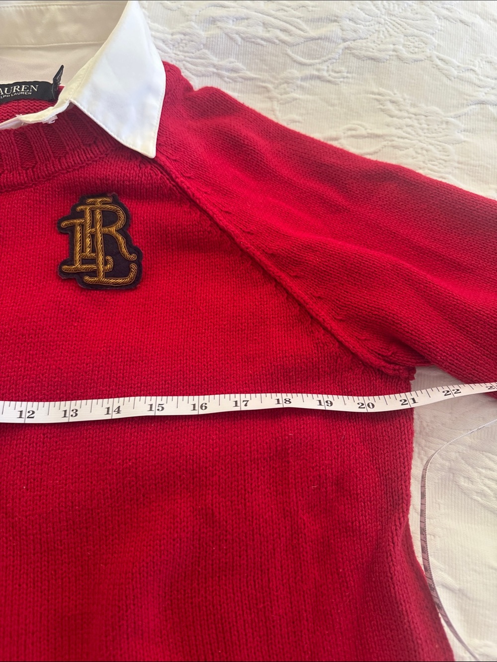 Ralph Lauren Red Crewneck Sweater with Gold Embroidered Crest